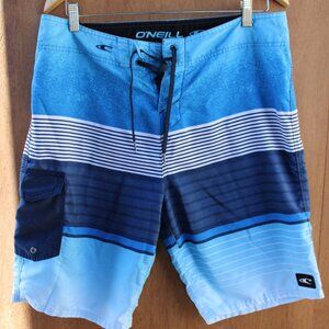 O’Neill Men’s Swim Board Shorts Size 32 Blue Striped Quick Dry Surf Swimwear